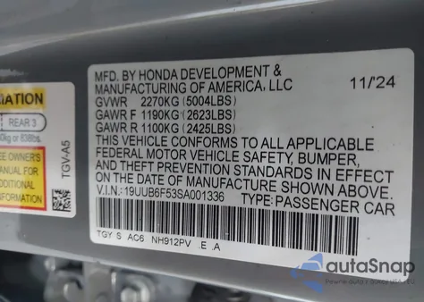 2025 Acura Tlx A-Spec Package из США, поврежденный, VIN 19UUB6F53SA001336